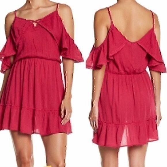 NEW NWT WILD PEARL Ruffle Dress Magenta Pink Cold Shoulder Cutout Mini Shift XS - Picture 1 of 8